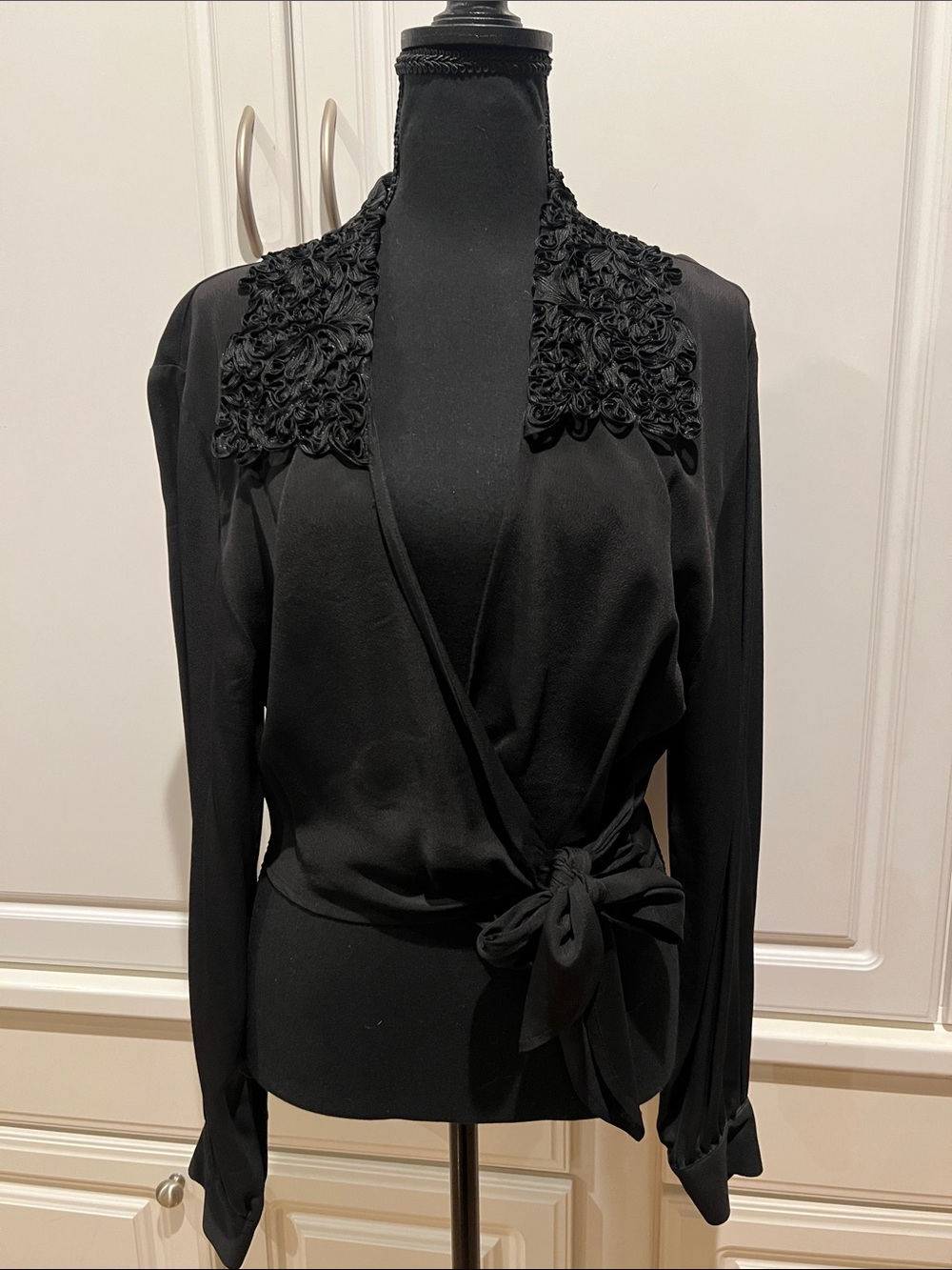 henri bendel Black Wrap Blouse with Rosette Collar
